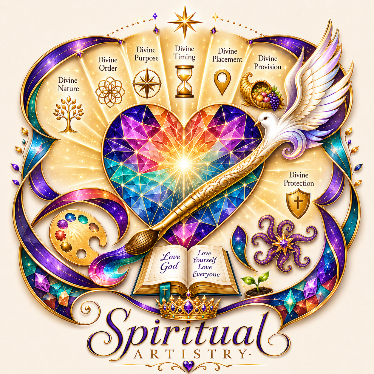 Spiritual Artistry, an illuminated heart, dove, brush, book, crown, and symbols of divine purpose